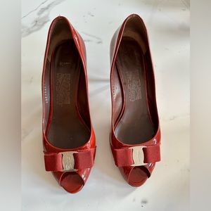 Red peep toe Ferragamo 7.5 3” heels